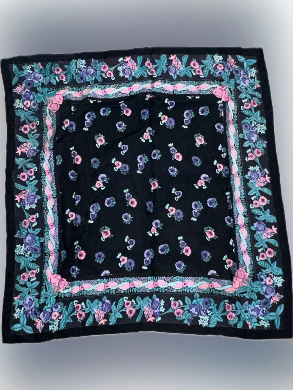 💥Vintage Floral Pattern Black Pocket Square Scarf Pink Purple Accents